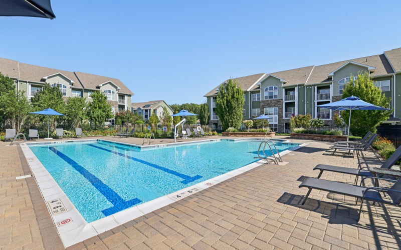 Pool with lounge chairs.